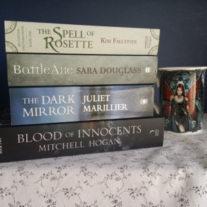 Once Upon A Time reading challenge, reading pile, The Spell of Rosette, Kim Falconer, Battle Axe, Sara Douglass. The Dark Mirror, Juliet Marillier, Blood of Innocents, Mitchell Hogan