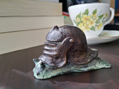Sir Vivor, K.J. Bishop, snail, bronze, sculpture, tea, teacup