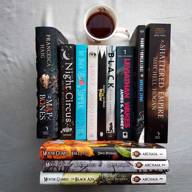 Earl Grey Editing, Mt TBR, books and tea, A Map of Bones, Francesca Haig, The Night Circus, Eric Morgenstern, The OTher Side of Summer, Emily Gale, Special, Georgia Blain, Tellow, Megan Jacobson, Black, Fleur Ferris, Leviathan Wakes, James S. A. Corey, The Expanse, Drums and Power Lines, Rowena Evans, A Shattered Empire, Michell Hogan, Mouse Guard, David Petersen